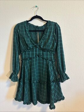 B Darlin Dark Green Plaid Ruffle Tiered Long Sleeve Dress